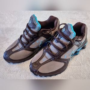 Vintage NIKE Women's Shox Route 66 Brown Faux Suede/Leather/Metallic Blue Size 7